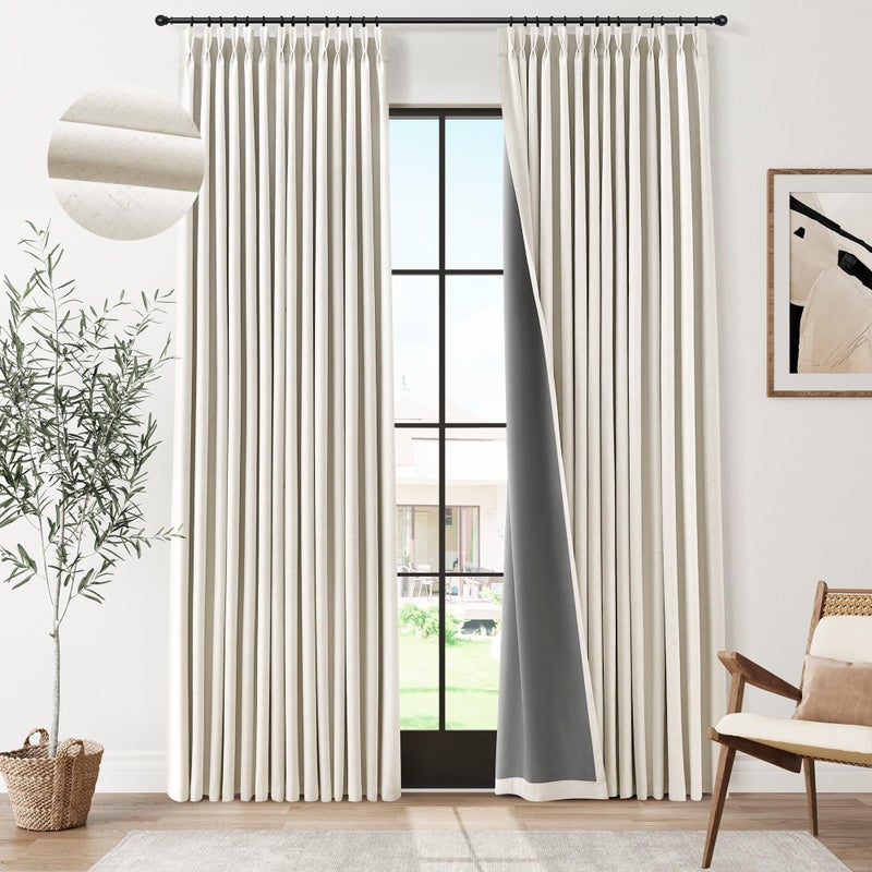 Joywell Pinch Pleated 100% Blackout Linen Curtains 96 Inches Long Thermal Bedroom Insulated Pleat Curtains for Living Room Neutral Rustic Farmhouse Memory Trained Cream Natural Linen Pleated Drapes 40x96 - Image 1