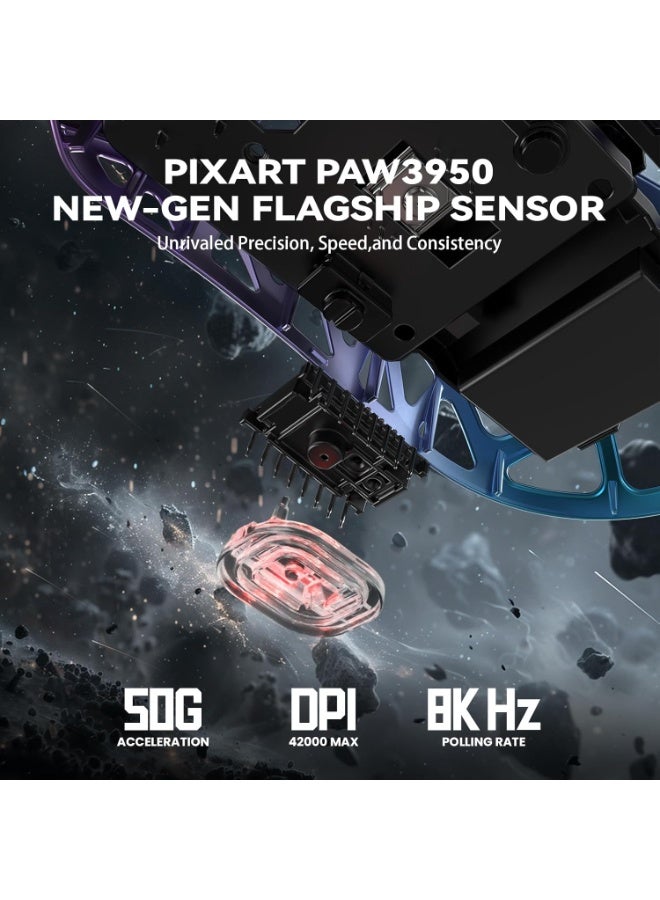 هجوم القرش ماوس ألعاب R2 خفيف الوزن للغاية 48 جرام، مصنوع من سبيكة المغنيسيوم بتصميم معدني CNC أنيق، مستشعر PixArt بدقة تصل إلى 42000 نقطة في البوصة واستجابة لاسلكية 8000 هرتز، يدعم 3 أوضاع اتصال (سلكي من النوع C، بلوتوث، 2.4 جيجا)، تحكم فائق السرعة ودقة حركة مثالية، برنامج تحكم سحابي بدون تحميل لتخصيص الأزرار والماكرو، تصميم مريح مناسب للألعاب والتصميم والعمل - أرجواني وأزرق - Image 5