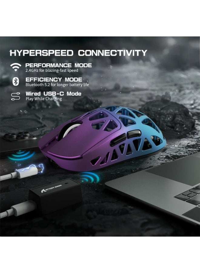 هجوم القرش ماوس ألعاب R2 خفيف الوزن للغاية 48 جرام، مصنوع من سبيكة المغنيسيوم بتصميم معدني CNC أنيق، مستشعر PixArt بدقة تصل إلى 42000 نقطة في البوصة واستجابة لاسلكية 8000 هرتز، يدعم 3 أوضاع اتصال (سلكي من النوع C، بلوتوث، 2.4 جيجا)، تحكم فائق السرعة ودقة حركة مثالية، برنامج تحكم سحابي بدون تحميل لتخصيص الأزرار والماكرو، تصميم مريح مناسب للألعاب والتصميم والعمل - أرجواني وأزرق - Image 4