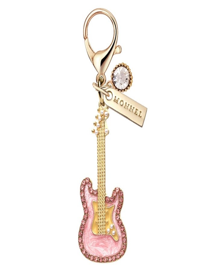 MONNEL MC373 Crystal Guitar Lobster Clasp Charm for Women with Velvet Bag (Pink,1 Piece) - Image 1