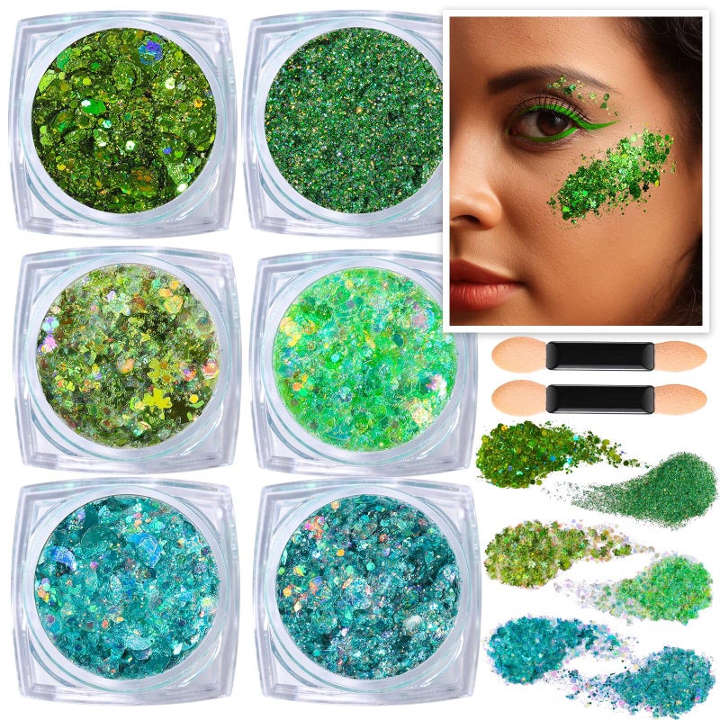 Teenitor Green Face Glitter, 6 Shapes Face and Body Glitter, Hair Glitter Gel, Body Glitter Gel for Festival Makeup, Makeup Glitter for Face, Body, Hair - Image 1
