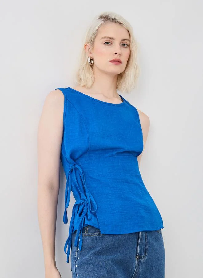 Take Two Solid Sleeveless Round Neck Top with Tie-Up Detail
