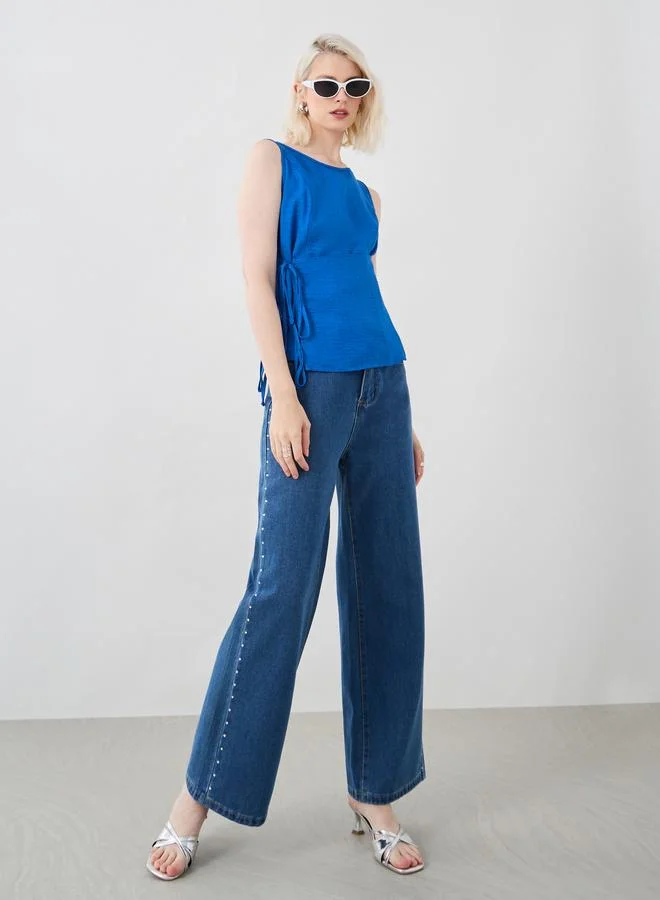 Take Two Solid Sleeveless Round Neck Top with Tie-Up Detail