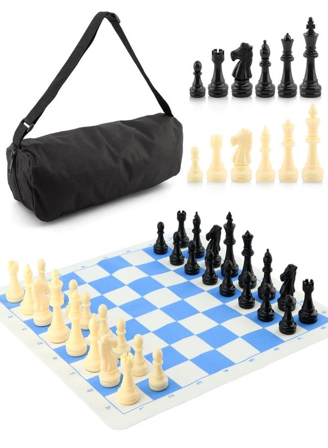 EMVANV Portable Chess & Checkers Set, 35cm Travel Board Games Tournament Chess Mat with Chess & Storage Bag, Blue Roll Up Chess Board Travel Chess Sets(Blue) - Image 1