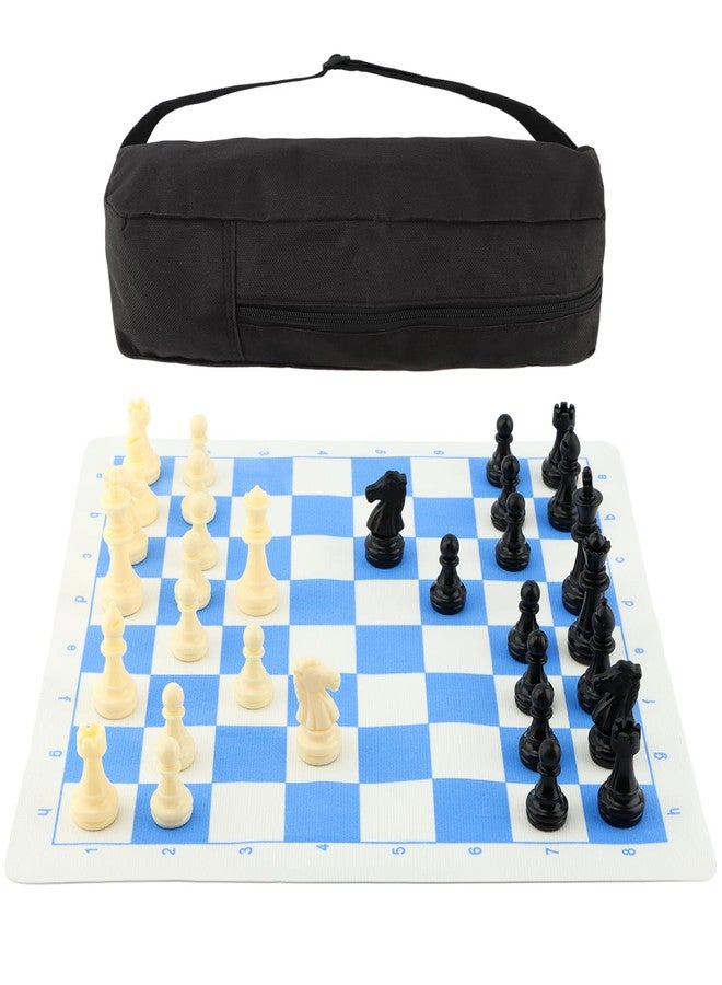 EMVANV Portable Chess & Checkers Set, 35cm Travel Board Games Tournament Chess Mat with Chess & Storage Bag, Blue Roll Up Chess Board Travel Chess Sets(Blue) - Image 2