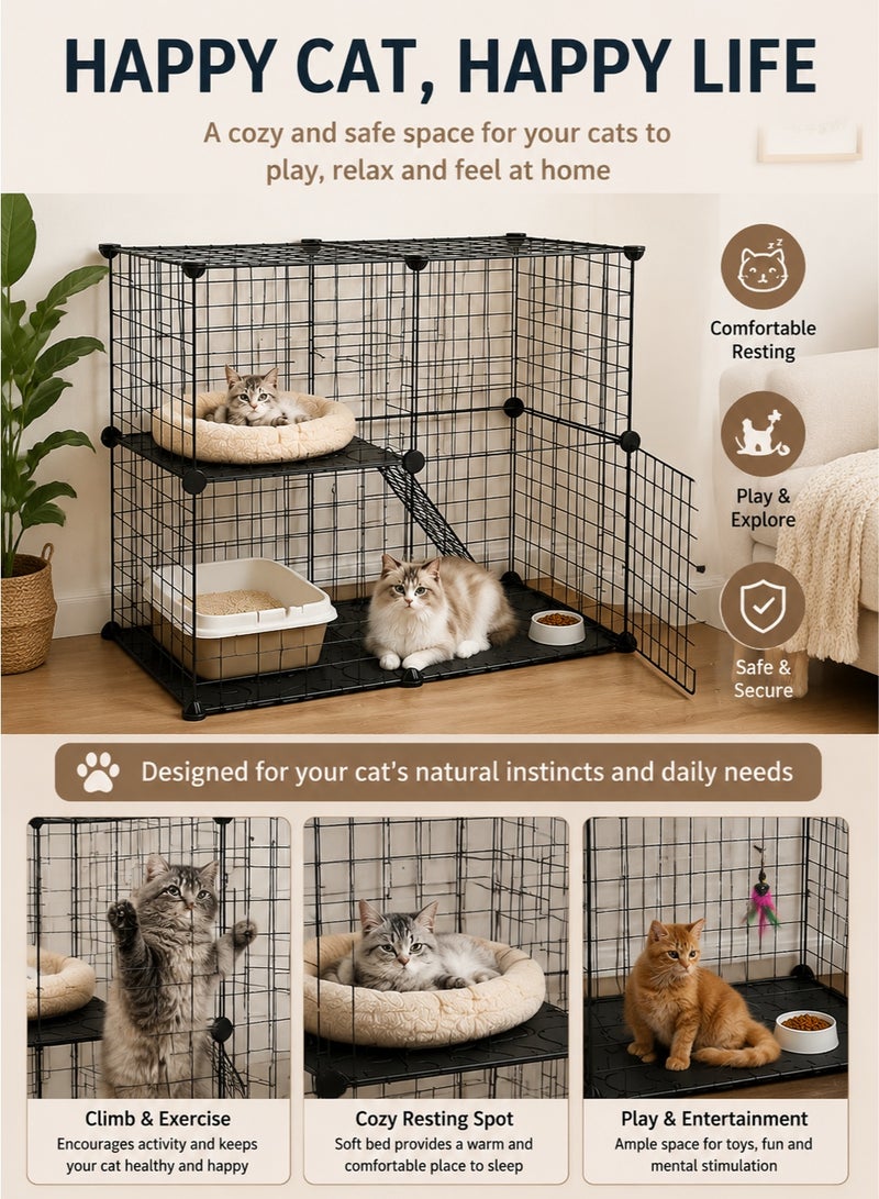 MYONE 2-Tier Cat Cage Playpen Indoor Metal Pet Enclosure Detachable Cat House for Kittens Small Animals Safety Exercise Play Area - Image 3