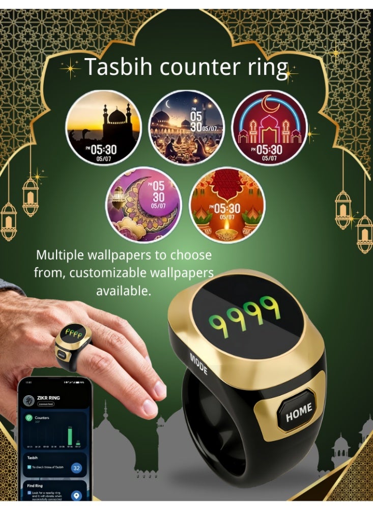 Tasbih Zikr Smart Ring, With Replaceable ring Sizes (/18/20/22/mm), Multi-functional Tasbeeh Counter ring APP Support Digital Counter Prayer Reminder Ring, Waterproof Counter Zikr Ring,multiple language options, and a variety of built-in worship wallpapers. Users design their own wallpapers or upload custom ones, manually set the date and time