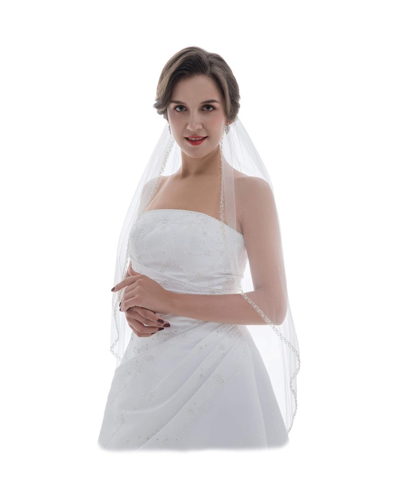 SAMKY 1T 1 Tier Double Row Alternating Crystal Beaded Veil - Light Ivory Fingertip 36" V493 - Image 1