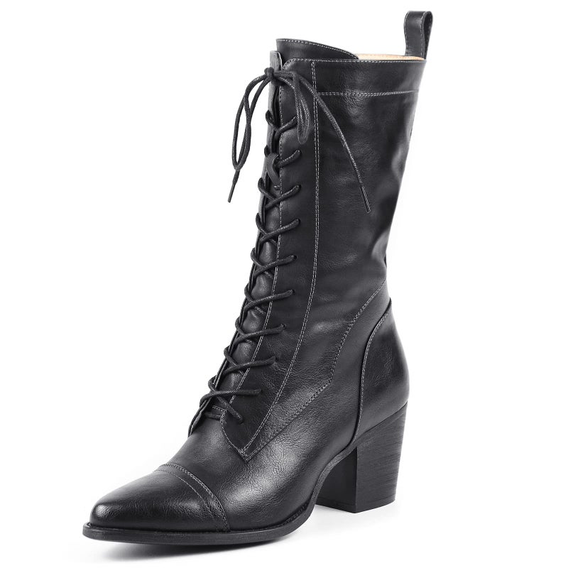 UTIKLIOU Women's Boots for Winter Mid-Calf Military Combat Boots Lace up Mid Heel Boots (Black size 9.5) - Image 1
