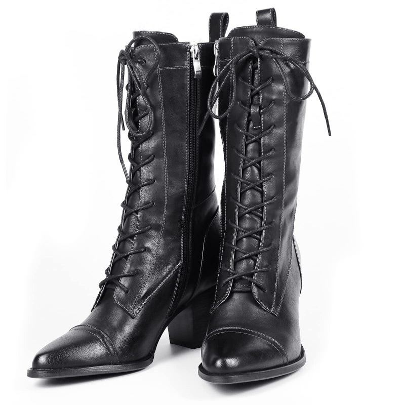 UTIKLIOU Women's Boots for Winter Mid-Calf Military Combat Boots Lace up Mid Heel Boots (Black size 9.5) - Image 5
