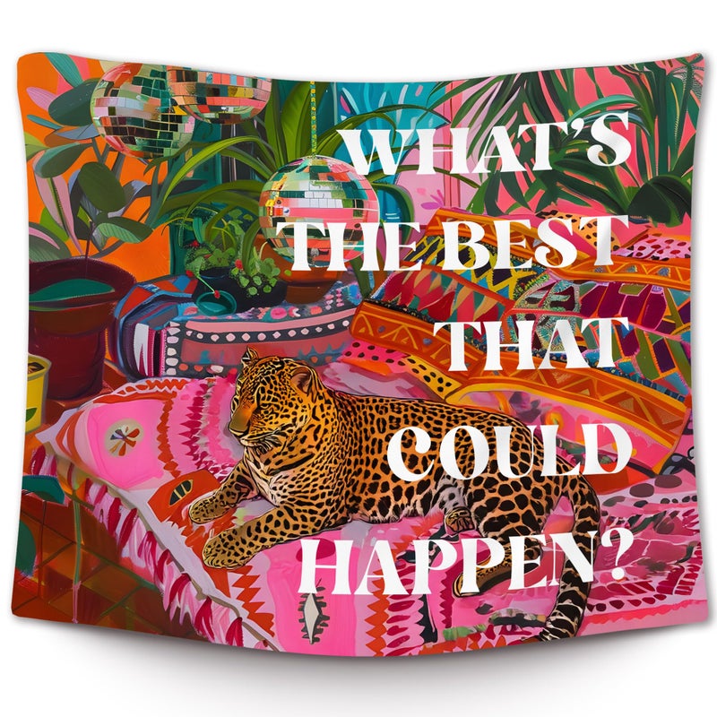 XLDLIOO Preppy Leopard Disco What's The Best That Could Happen Wall Tapestry, Retro Maximalist Tapestry Hanging for Girly Room Bedroom, Groovy Tapestries Wall Decor Art for Teen Girls Dorm 50x60in - Image 1