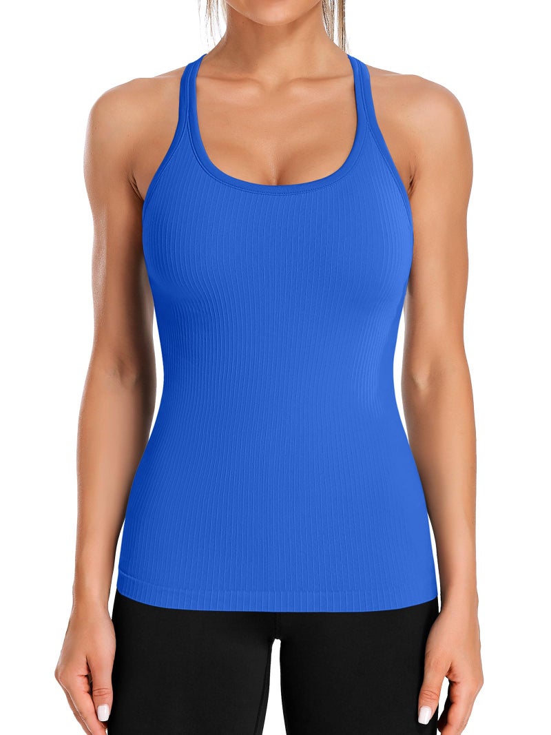ATTRACO Workout Tank Tops Women Built in Bra Racerback Tanks Sleeveless Yoga Top Blue XL - Image 1