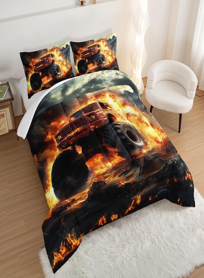 UEVBF Truck Comforter Set Twin Size,Truck with Fire Pattern Bedding for Boys Teens Adults,Super Soft and Lightweight Comforter Set with 2 Pillowcases. - Image 2