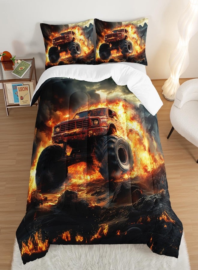 UEVBF Truck Comforter Set Twin Size,Truck with Fire Pattern Bedding for Boys Teens Adults,Super Soft and Lightweight Comforter Set with 2 Pillowcases. - Image 3