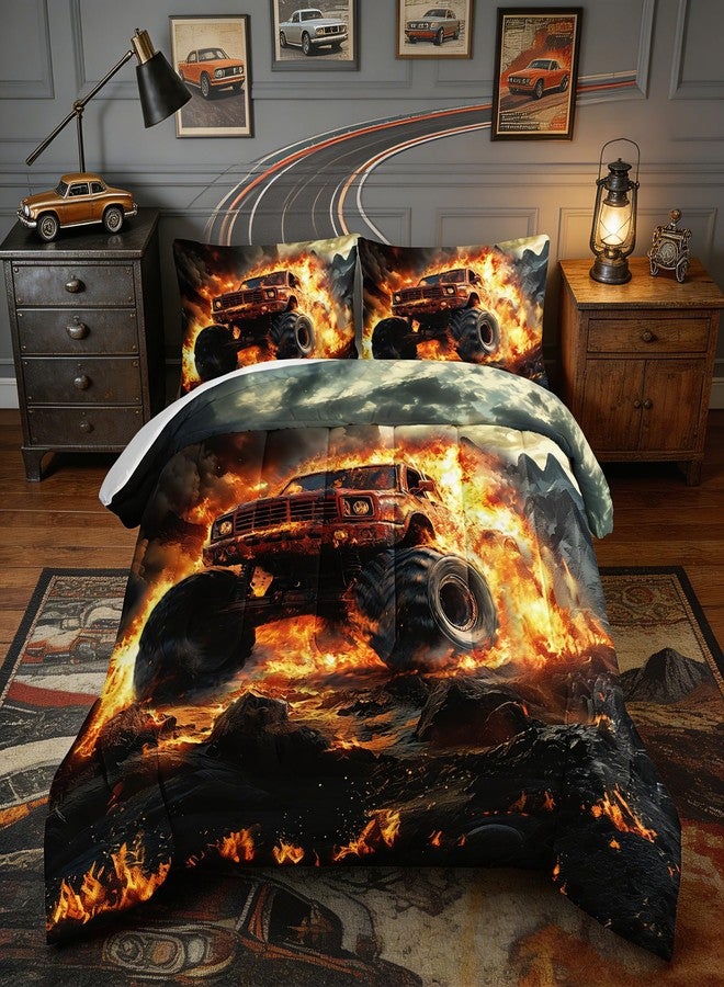 UEVBF Truck Comforter Set Twin Size,Truck with Fire Pattern Bedding for Boys Teens Adults,Super Soft and Lightweight Comforter Set with 2 Pillowcases. - Image 1