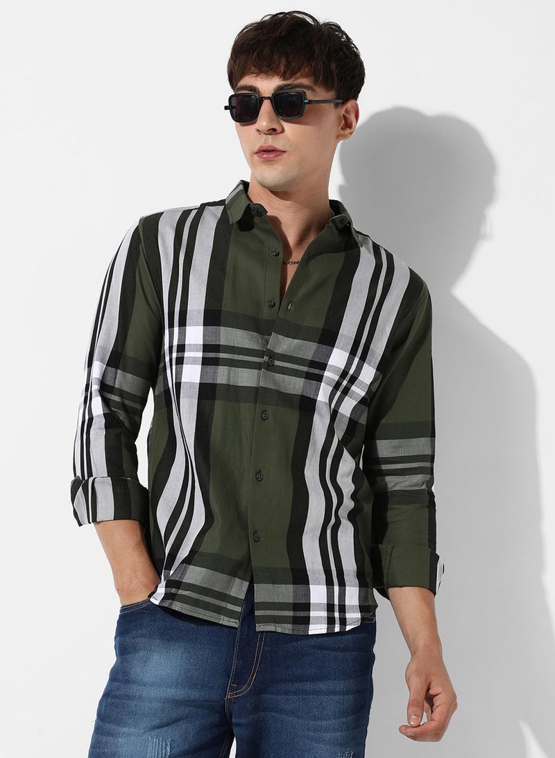 Campus Sutra Campus Sutra Men's Tartan Plaid Dark Green Button Up Regular Fit Shirt For Casual Wear | Cotton Spread Collar Shirt Crafted With Regular Sleeve & Comfort Fit For Everyday Wear  - Image 1