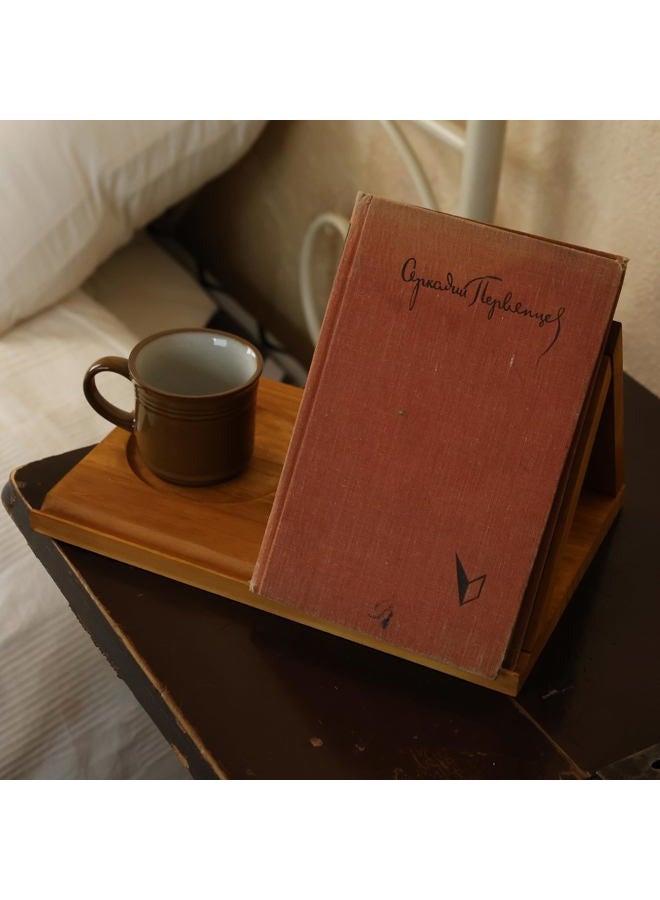 LITIVY Wooden Triangle Bookmark, Small Bookshelf with Drink Holder, Wood Book Reading Rest with Slotted, Book Corner Display Triangle Book Holder (Brown) - Image 3