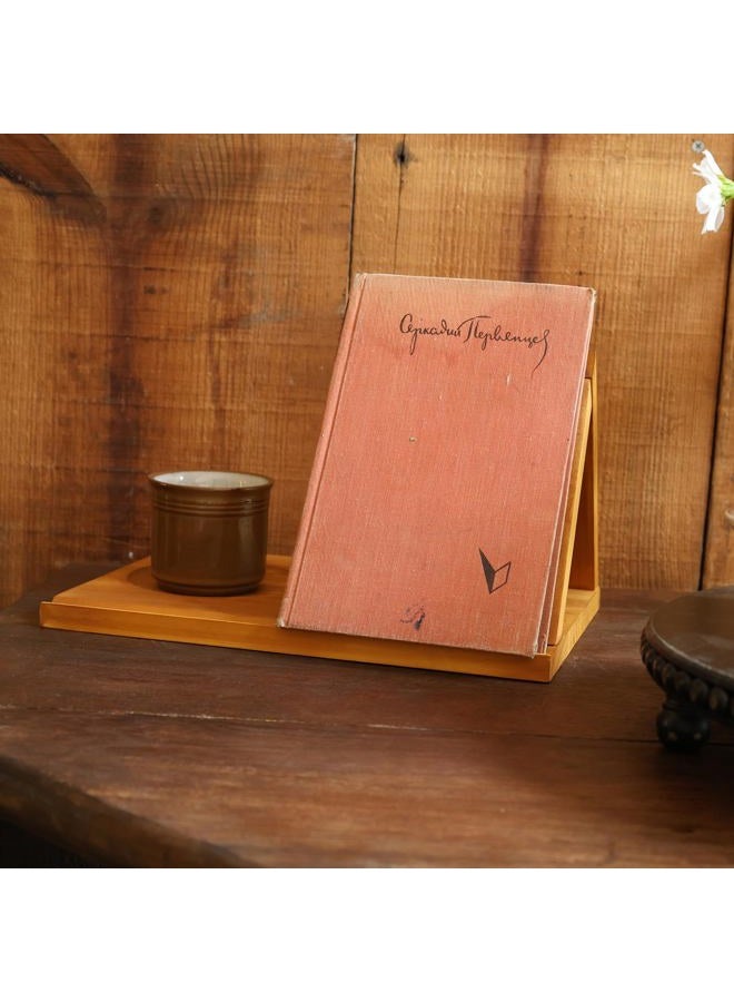 LITIVY Wooden Triangle Bookmark, Small Bookshelf with Drink Holder, Wood Book Reading Rest with Slotted, Book Corner Display Triangle Book Holder (Brown) - Image 2