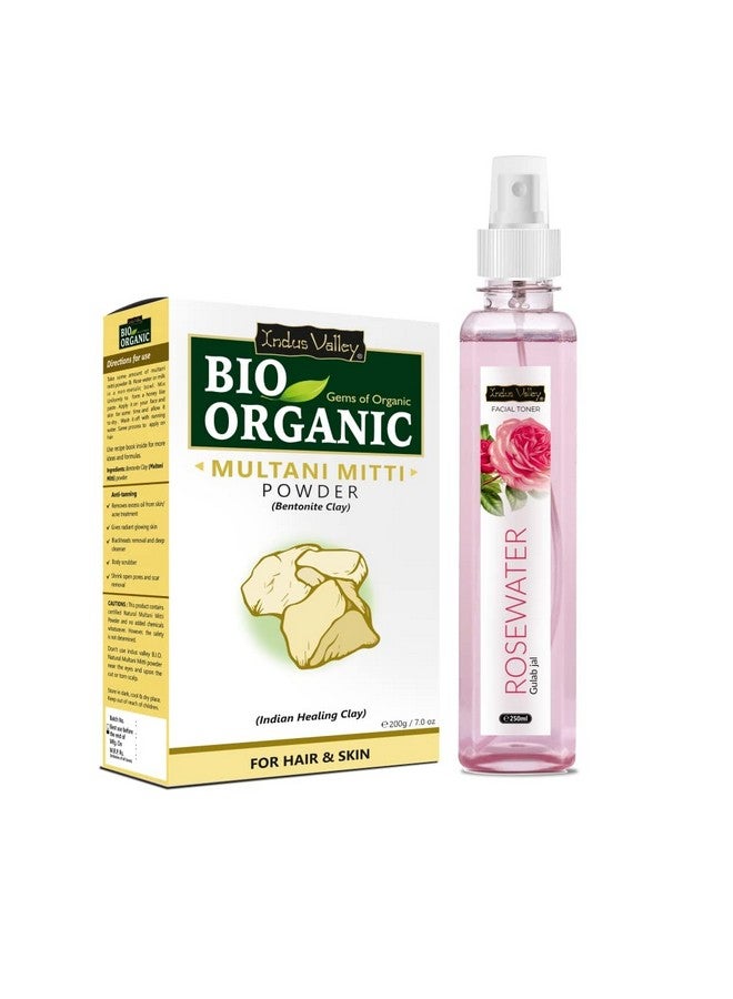 INDUS VALLEY Facial Toner Fresh Rose Water with Multani Mitti Powder | Healing Clay | Bentonite clay For Face and Skin Care (250ml + 200g) - Image 1