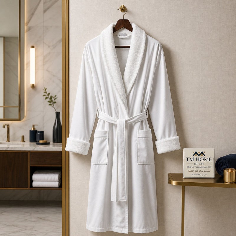 TM HOME Royal VIP Unisex Bathrobe, Microfiber Inner and Natural Cotton Satin-Finish Outer, Highly Absorbent Hotel Quality, White - Image 1