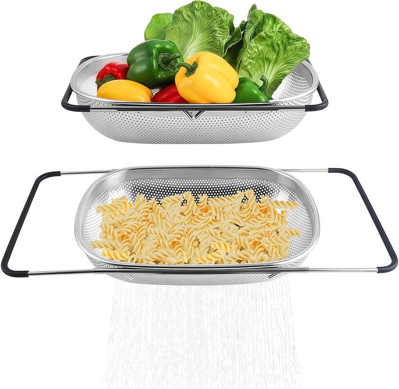 DOPMEP Over The Sink Strainer Stainless Steel Colander 5 Quart Basket with Expandable Rubber Grip Handles for Kitchen Sink - Strain, Drain, Rinse Fruits, Vegetables, Pasta, New Home Essentials - Image 1