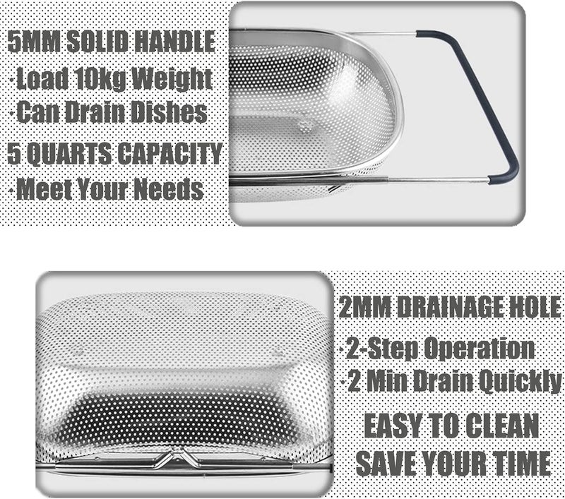 DOPMEP Over The Sink Strainer Stainless Steel Colander 5 Quart Basket with Expandable Rubber Grip Handles for Kitchen Sink - Strain, Drain, Rinse Fruits, Vegetables, Pasta, New Home Essentials - Image 4