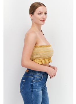 oysho Women Straight Across Strapless Textured Top, Ochre Orange  - Image 4