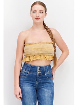 oysho Women Straight Across Strapless Textured Top, Ochre Orange  - Image 1