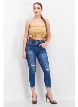 oysho Women Straight Across Strapless Textured Top, Ochre Orange  - Image 3