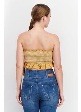 oysho Women Straight Across Strapless Textured Top, Ochre Orange  - Image 2