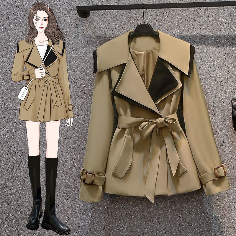 Short Womens 2024 Spring and Autumn British-style Loose Slimming Patched Coat 7678 khaki [with lining]