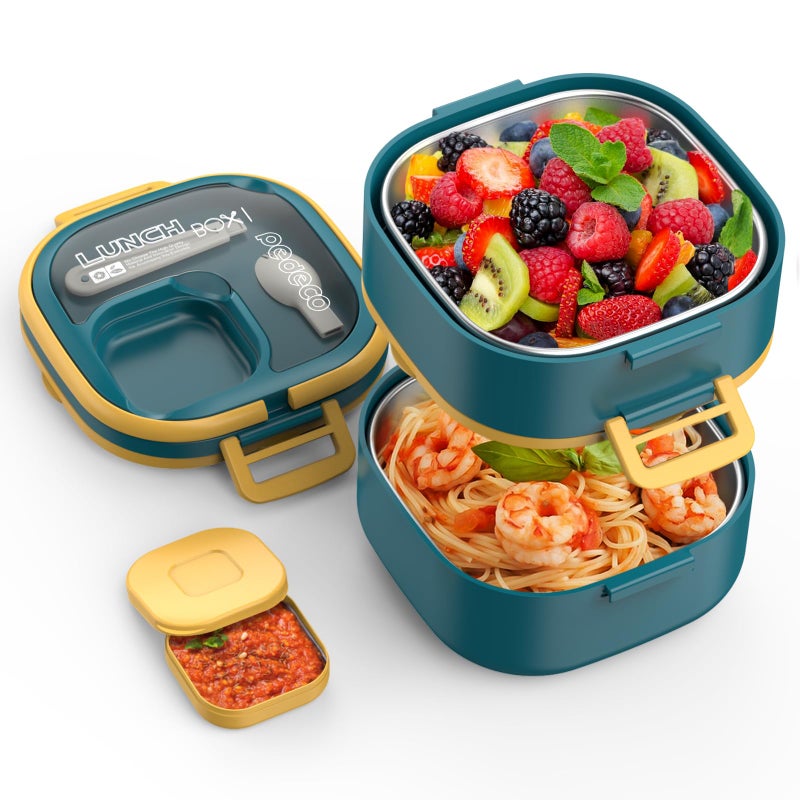 PEDECO Double Layer Bento Box for Kids  AdultsLeakProof Stainless Steel Lunch Box with Removable CompartmentsBPAFreeDishwasher SafeIncludes CutleryBlue