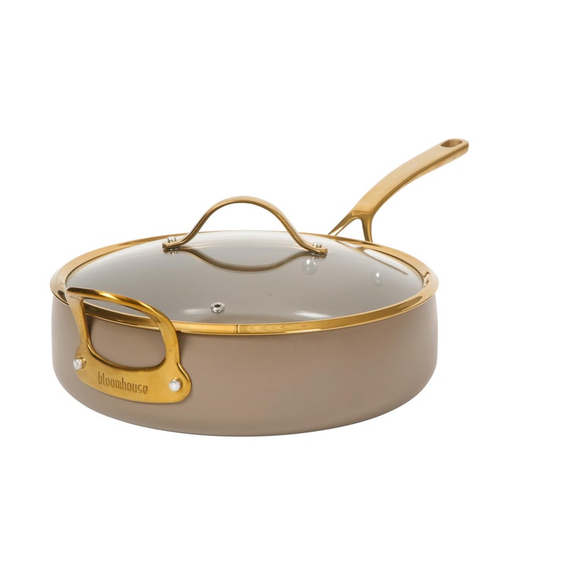 Bloomhouse - Two Time Oprah's Favorite Things Winner - 6 QT Heavy Duty Aluminum Premium PFA Free Ceramic Nonstick Saute/Deep Frying Pan Skillet with Lid - Cappuccino Cream with Gold Handle - Image 1