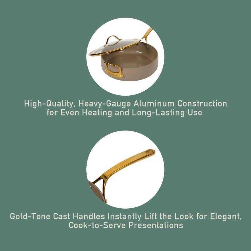 Bloomhouse - Two Time Oprah's Favorite Things Winner - 6 QT Heavy Duty Aluminum Premium PFA Free Ceramic Nonstick Saute/Deep Frying Pan Skillet with Lid - Cappuccino Cream with Gold Handle - Image 3