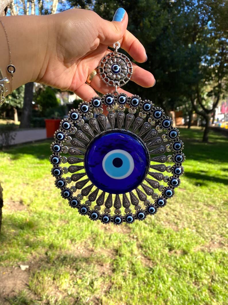 BLUE BEADS Nazar Protection Hanging for Home Décor | Metal & Glass Door & Wall Hanging | Lucky Charm for Car, Office & Entrance | Sun Design Decorative Ornament - Image 3