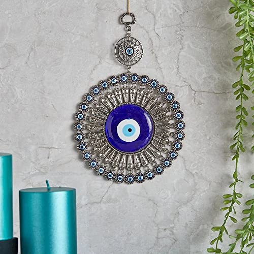 BLUE BEADS Nazar Protection Hanging for Home Décor | Metal & Glass Door & Wall Hanging | Lucky Charm for Car, Office & Entrance | Sun Design Decorative Ornament - Image 2