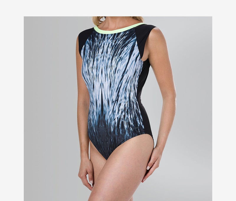 speedo Women Crystal,Sheen Printed Swimsuit, Black and Neon 