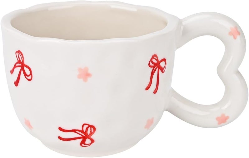 Koythin Ceramic Coffee Mug Cute Creative Heart Handle Mug Design for Office and Home Dishwasher and Microwave Safe 105 oz300 ml for Tea Latte Milk Ribbon Bow - Image 1