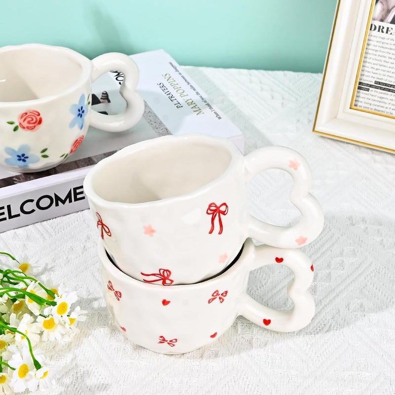Koythin Ceramic Coffee Mug Cute Creative Heart Handle Mug Design for Office and Home Dishwasher and Microwave Safe 105 oz300 ml for Tea Latte Milk Ribbon Bow - Image 4