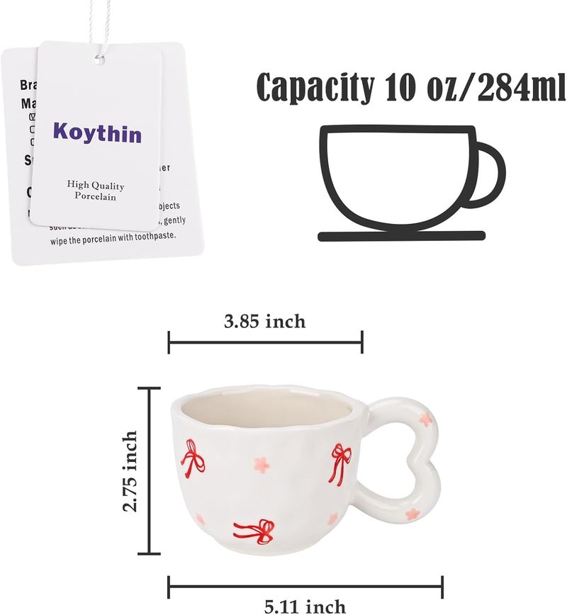 Koythin Ceramic Coffee Mug Cute Creative Heart Handle Mug Design for Office and Home Dishwasher and Microwave Safe 105 oz300 ml for Tea Latte Milk Ribbon Bow - Image 2