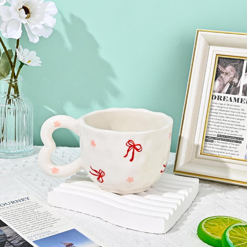 Koythin Ceramic Coffee Mug Cute Creative Heart Handle Mug Design for Office and Home Dishwasher and Microwave Safe 105 oz300 ml for Tea Latte Milk Ribbon Bow - Image 3