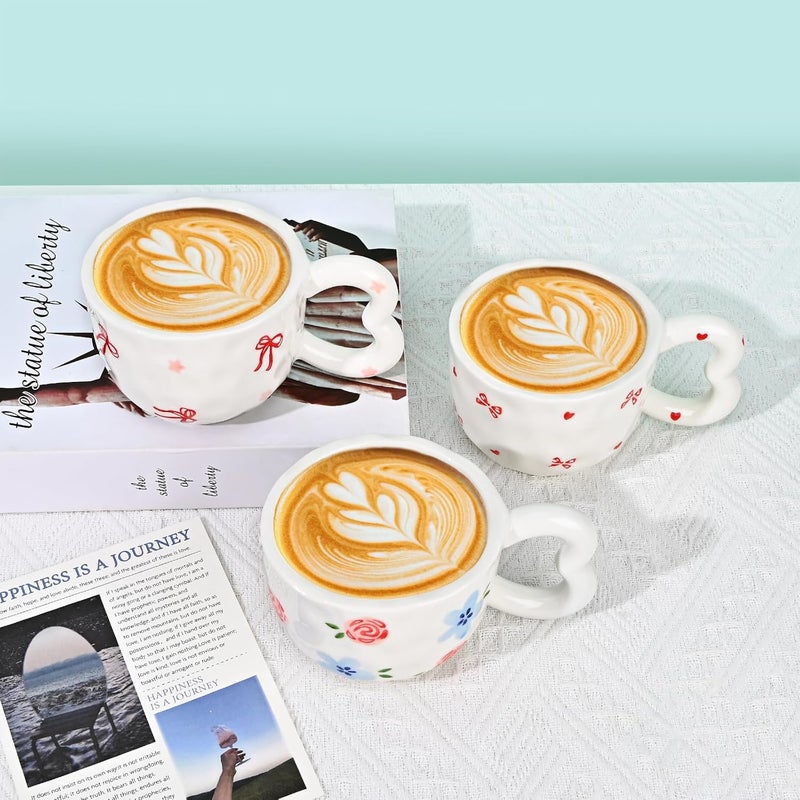 Koythin Ceramic Coffee Mug Cute Creative Heart Handle Mug Design for Office and Home Dishwasher and Microwave Safe 105 oz300 ml for Tea Latte Milk Ribbon Bow - Image 5