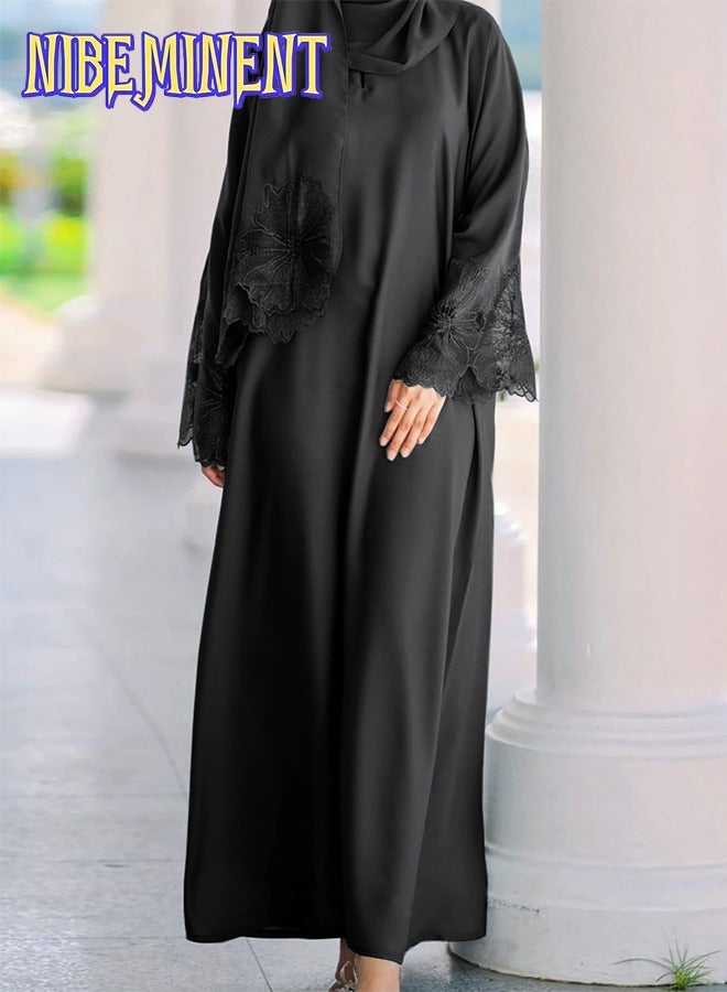 NIBEMINENT Unique Design Abaya Muslim Robe Casual Loose Fitting Long Sleeved with Large Hem, Dress with Headscarf Black  - Image 1