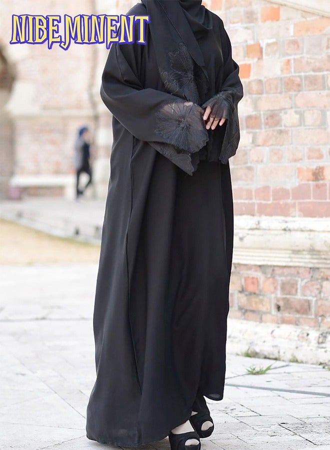 NIBEMINENT Unique Design Abaya Muslim Robe Casual Loose Fitting Long Sleeved with Large Hem, Dress with Headscarf Black  - Image 2