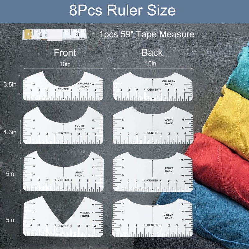 tietoc 9Pcs Tshirt-Ruler Guide to Center Vinyl, Transparent V-Neck/Round PVC Ruler for Alignment, Heat Press, Children Youth Adult, Front and Back Measurement (10in) - Image 3
