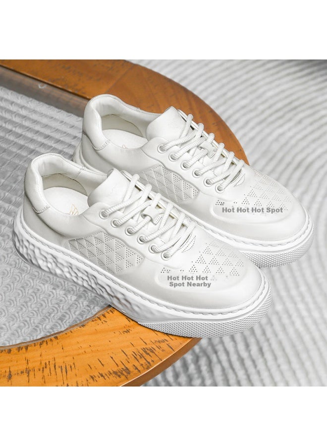 Desai Fashion Sports Casual Sneakers, Genuine Leather Breathable Trendy Versatile Men's Shoes, Thick-soled Height-increasing White Shoes, White, Size 43 - Image 2