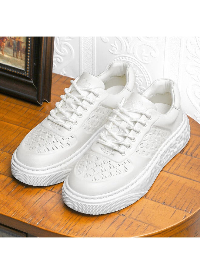 Desai Fashion Sports Casual Sneakers, Genuine Leather Breathable Trendy Versatile Men's Shoes, Thick-soled Height-increasing White Shoes, White, Size 43 - Image 1