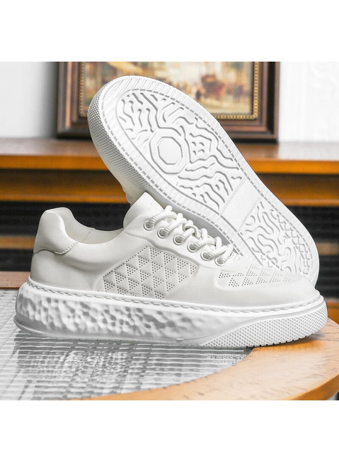 Desai Fashion Sports Casual Sneakers, Genuine Leather Breathable Trendy Versatile Men's Shoes, Thick-soled Height-increasing White Shoes, White, Size 43 - Image 3
