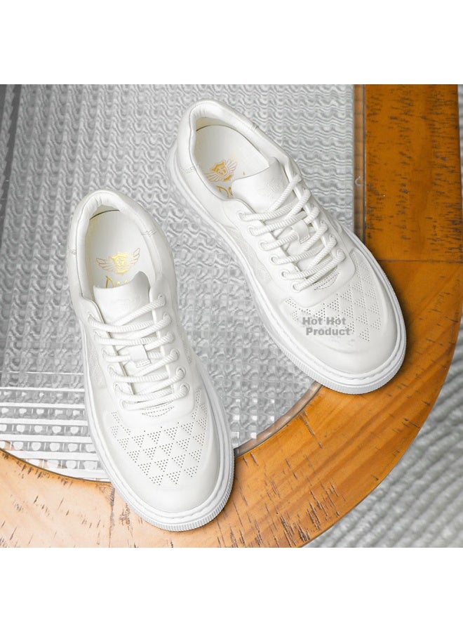Desai Fashion Sports Casual Sneakers, Genuine Leather Breathable Trendy Versatile Men's Shoes, Thick-soled Height-increasing White Shoes, White, Size 43 - Image 4