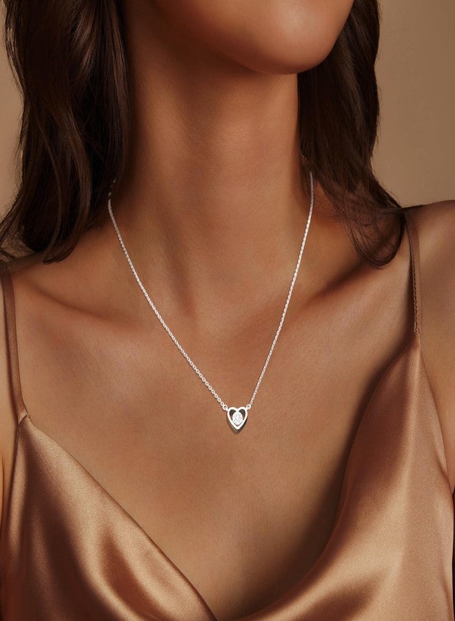 Zeffy Silver Necklace for Women Simple Tiny CZ Heart Pendant Cubic Zirconia Cute Love Necklaces Dainty Sterling Silver Diamond Necklace Heart Choker Trendy Minimalist Jewelry Gifts - Image 3